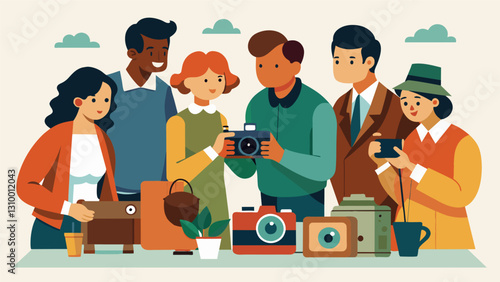 A group of vintage camera enthusiasts huddled around a table at a flea market inspecting old cameras and lenses with excitement.. Vector illustration