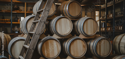 Old oak barrels store vintage wine in the cellar. Wine making photo