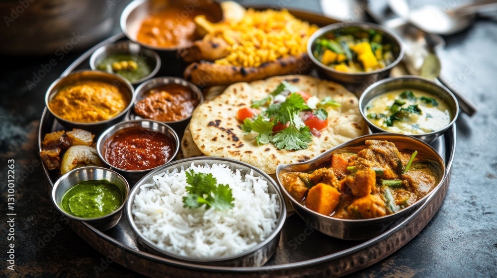 Delight in a traditional Indian thali, featuring a variety of dishes arranged beautifully. Each bowl brims with rich flavors, promising a culinary journey through Indian heritage Delight in a traditional Indian thali, featuring a variety of dishes arranged beautifully. Each bowl brims with rich flavors, promising a culinary journey through Indian heritage