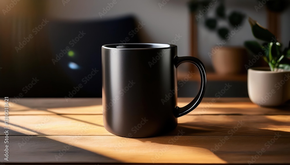 Rustic Morning Light Illuminates Matte Black Mug Mockup on a Wooden Table, Showcasing Elegance and Minimalism with a Hint of Warmth. Rustic Morning Light Illuminates Matte Black Mug Mockup on a Wooden Table, Showcasing Elegance and Minimalism with a Hint of Warmth.
