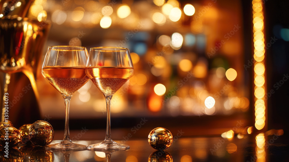 Elegant glasses of champagne on bar counter with warm bokeh lights in background Elegant glasses of champagne on bar counter with warm bokeh lights in background