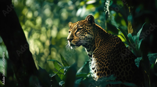 Fototapeta Naklejka Na Ścianę i Meble -  Majestic leopard in lush green jungle setting with sunlight filtering through leaves