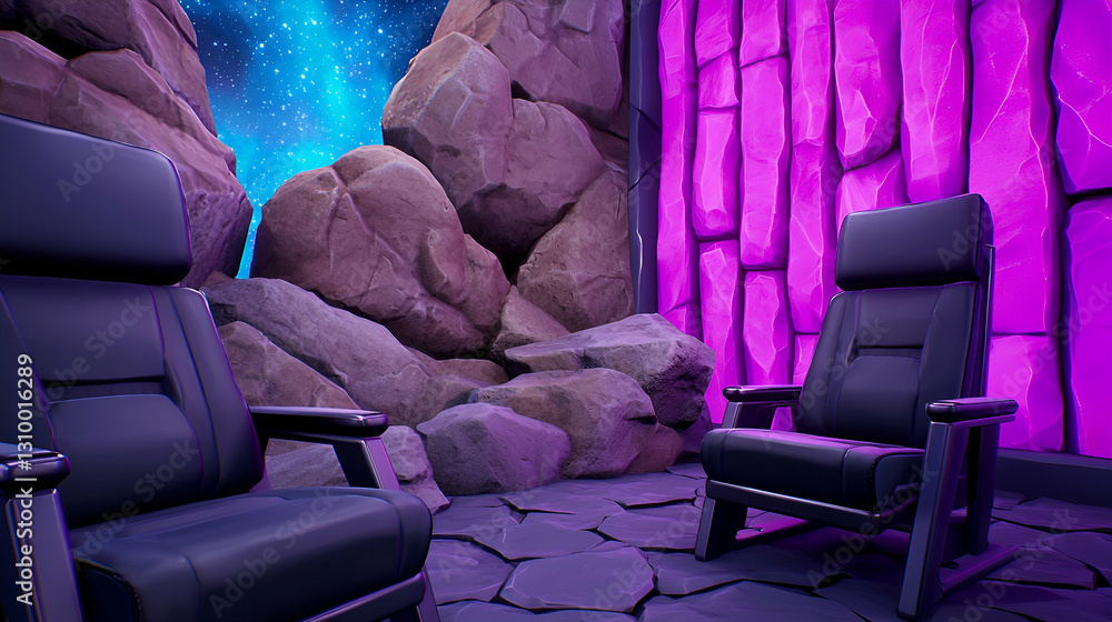 Obraz premium Futuristic Interior Design with Black Chairs and Cosmic Background in a Stylized Rock Environment
