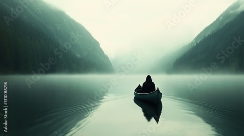   A person in a canoe on a foggy day amidst a lake with mountains as the backdrop