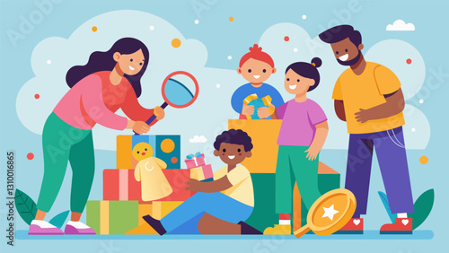 A group of parents eagerly dig through piles of toys at a childrens consignment sale determined to find hidden treasures for their little ones.. Vector illustration