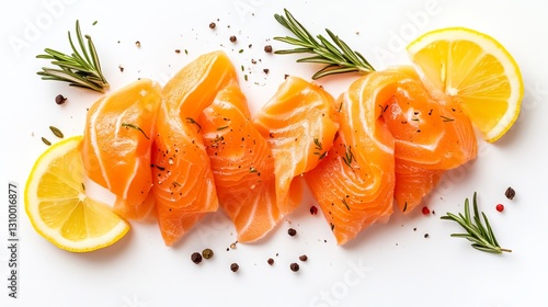 Sliced Norwegian salmon, salt-cured salmon, or zesty salmon ceviche (lemon & rosemary) are pictured from above against a white backdrop.
 