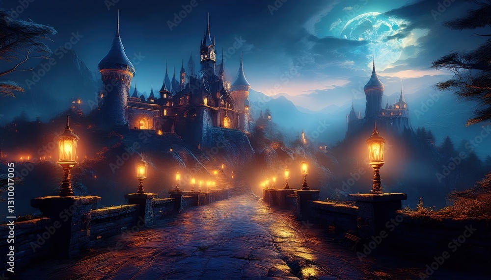 Naklejka premium A grand castle rises among glowing lanterns, shrouded in misty mountains and vivid moonlight.
