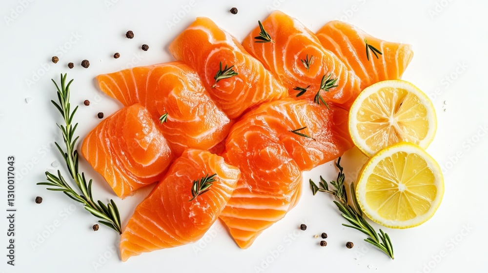 Fototapeta premium Sliced Norwegian salmon, salt-cured salmon, or zesty salmon ceviche (lemon & rosemary) are pictured from above against a white backdrop. 