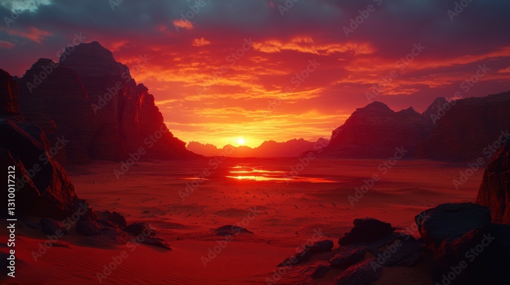 Crimson Desert Sunset: Fiery Skies Over Martian Sands, A Landscape of Raw Beauty & Surreal Coloration Crimson Desert Sunset: Fiery Skies Over Martian Sands, A Landscape of Raw Beauty & Surreal Coloration