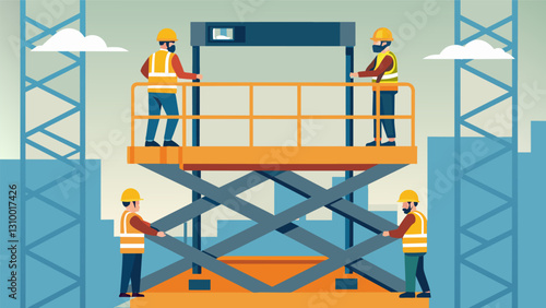 Workers utilizing a hydraulic lift to install temporary safety railings on upper levels of the building site.. Vector illustration