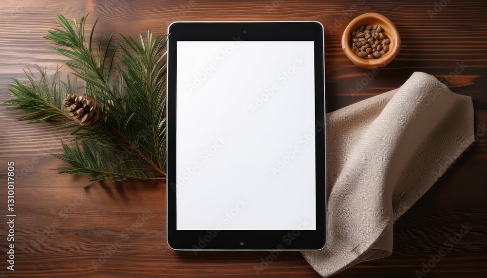 Modern Tablet Displaying a Blank Canvas on a Minimalist Wooden Tabletop, Showcasing Sleek Design in a Clean and Uncluttered Setting Modern Tablet Displaying a Blank Canvas on a Minimalist Wooden Tabletop, Showcasing Sleek Design in a Clean and Uncluttered Setting