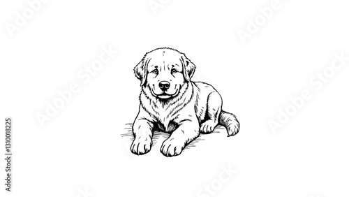 Vintage sketch of a playful puppy lying on a white background  