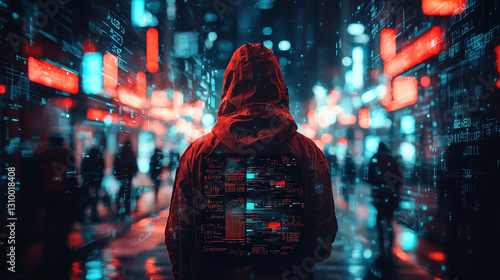 Cyber hacker breaching financial markets and igniting global trade war collapse in cyberpunk city