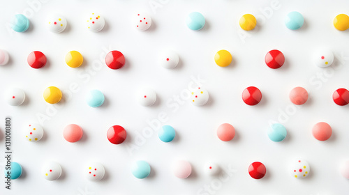 Colorful pattern of round candy pieces on white background