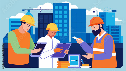Using hightech tablets the engineers collaborate on a BIM session scrolling through digital blueprints and making realtime changes to the layout of a. Vector illustration
