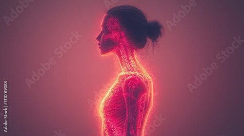 Obraz na płótnie Anatomy of a Woman: Illuminated Skeletal & Nervous System with a Crimson Aura w salonie