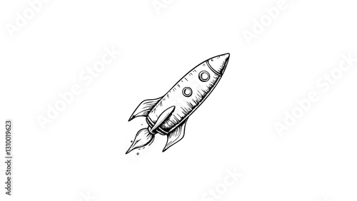 Vintage rocket sketch flying through white background  