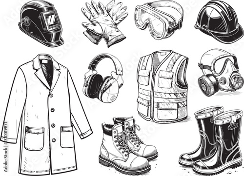 PPE Protective Equipment Industrial and Construction Safety Black and White Vector Illustration, Sketch Drawing Line Linear Engraving, Hand-drawn Isolated