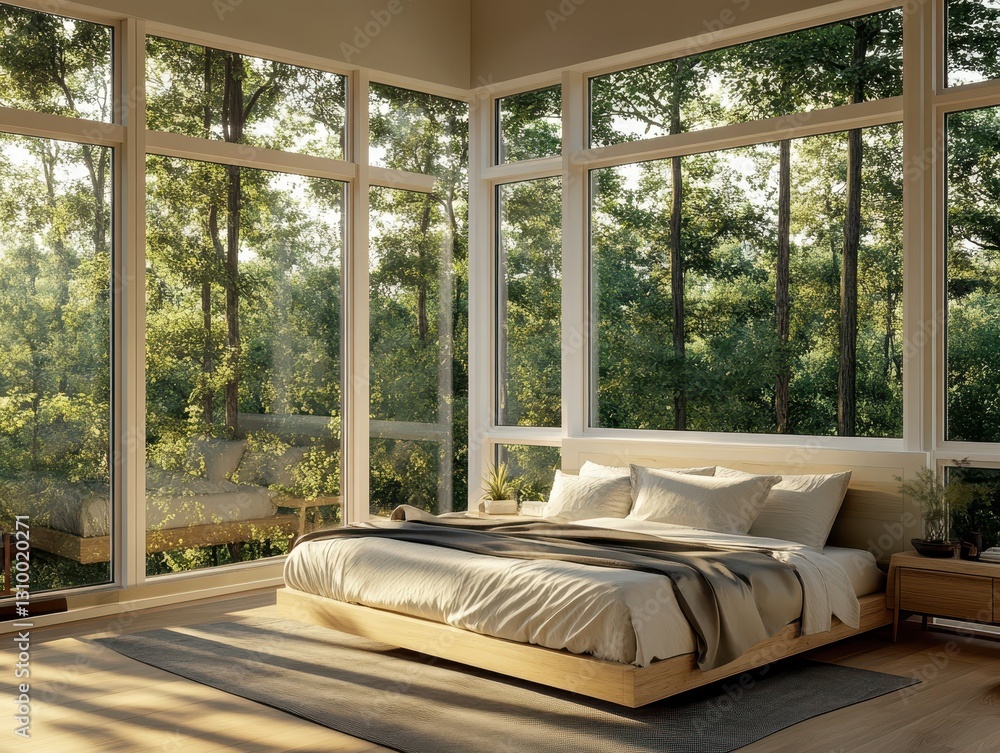 A tranquil bedroom with expansive windows overlooking a green forest A tranquil bedroom with expansive windows overlooking a green forest