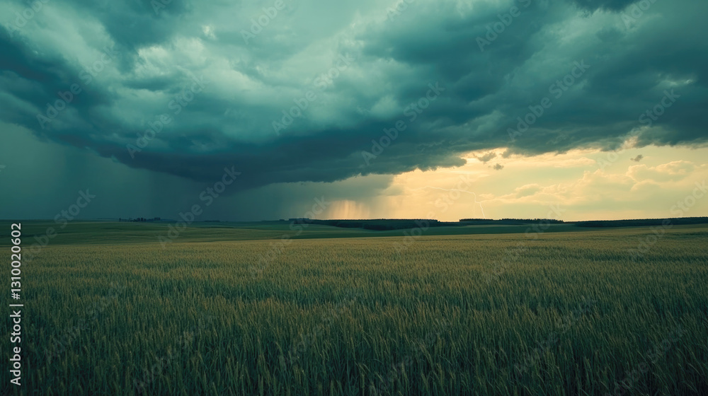 Dramatic storm clouds over expansive wheat field at sunset Dramatic storm clouds over expansive wheat field at sunset