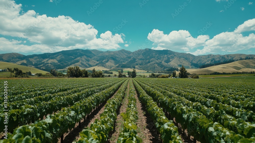 Vineyard Vista: Lush Green Rows Under a Clear Blue Sky with Distant Mountains - A Serene Landscape Vineyard Vista: Lush Green Rows Under a Clear Blue Sky with Distant Mountains - A Serene Landscape
