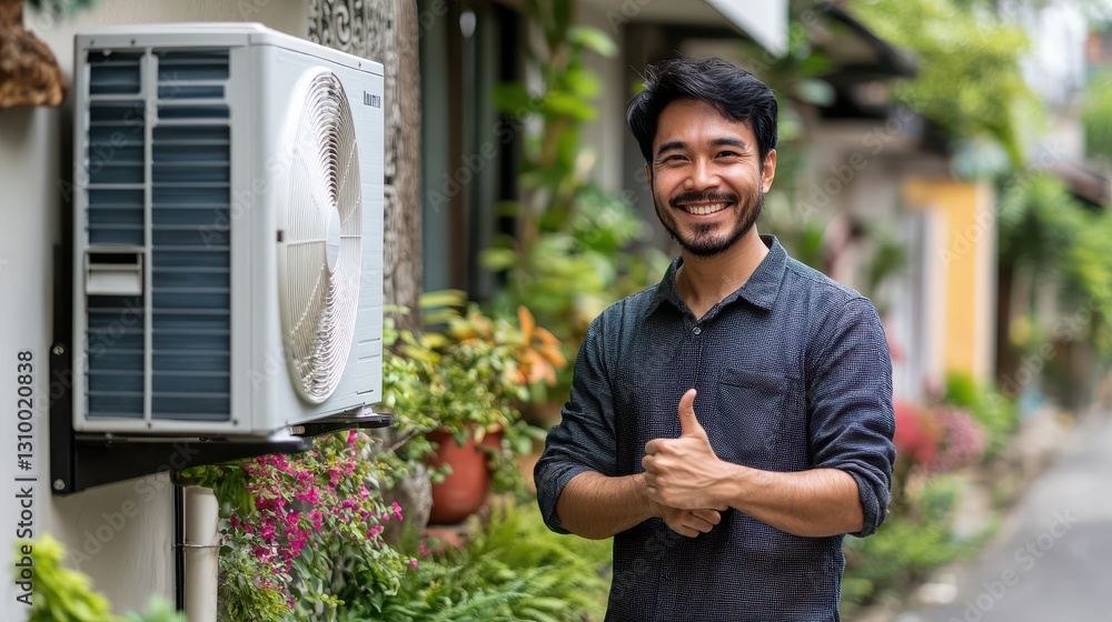 Satisfied Customer with New AC Unit Thumbs Up Approval - Home Comfort and Cooling Solutions