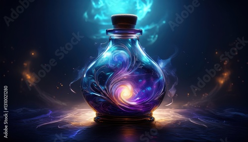 A glowing potion swirls in a decorative bottle, shining bright colors in the dark.