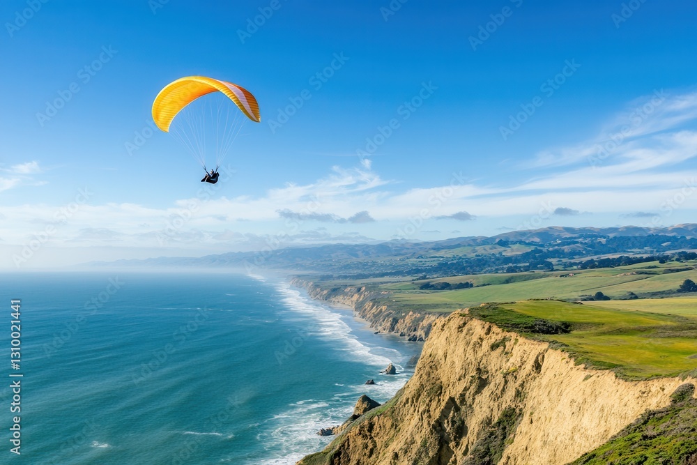 Paraglider soaring over majestic coastal cliff and ocean landscape. Paraglider soaring over majestic coastal cliff and ocean landscape.