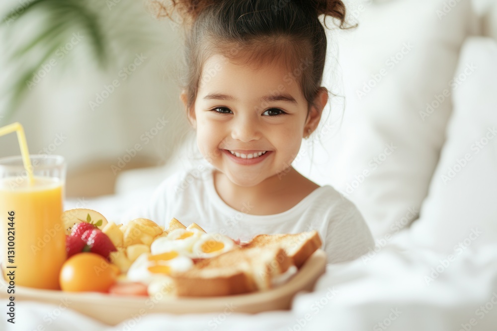 Smiling hispanic child enjoying breakfast in bed with juice and fruits. Smiling hispanic child enjoying breakfast in bed with juice and fruits.
