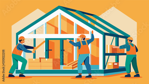 Workers swiftly completing the interior framing of a modular home utilizing pre and labeled materials for efficient assembly.. Vector illustration