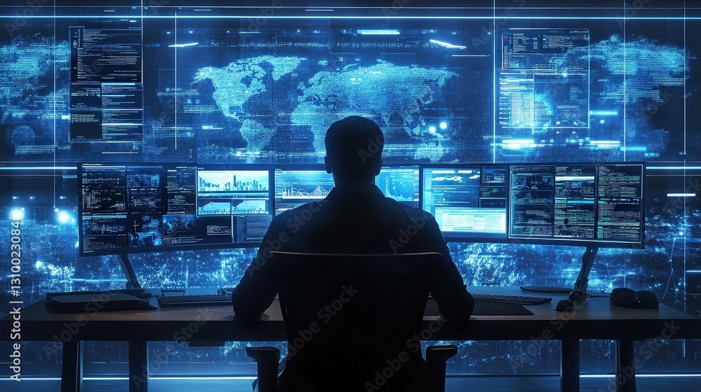 Modern workspace: a man focused on his computer screens. Modern workspace: a man focused on his computer screens.