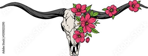 Texas longhorn vector illustration. Longhorn skull with flowers, clipart. Silhouette Texas Longhorn. Bull Head Logo Icon.