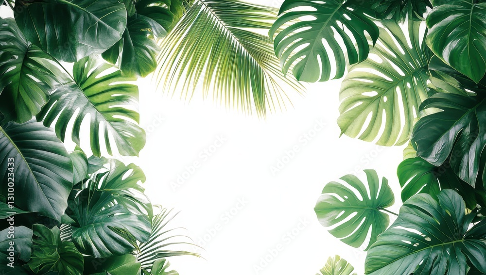 Lush Green Tropical Foliage Frame with Monstera Leaves and Palm Fronds on Light Background for Nature-Inspired Designs and Projects Lush Green Tropical Foliage Frame with Monstera Leaves and Palm Fronds on Light Background for Nature-Inspired Designs and Projects