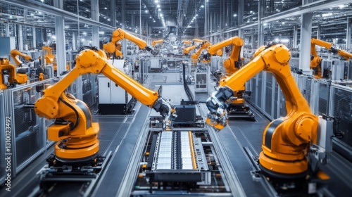 Robotic arms assemble electric vehicles factory floor industrial process modern environment aerial view automation revolution
