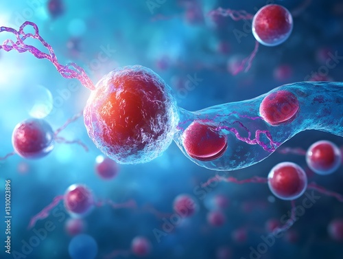 An abstract representation of cells and molecular structures showcasing the intricate world of biology and cellular interaction