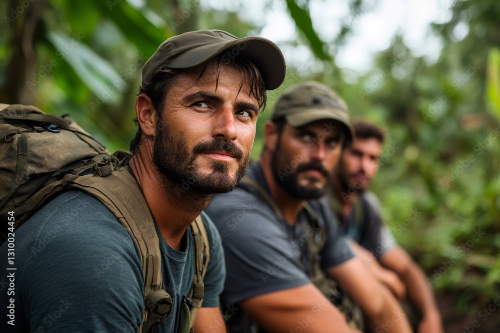 Fototapeta premium Three soldiers taking a break during a mission in the jungle