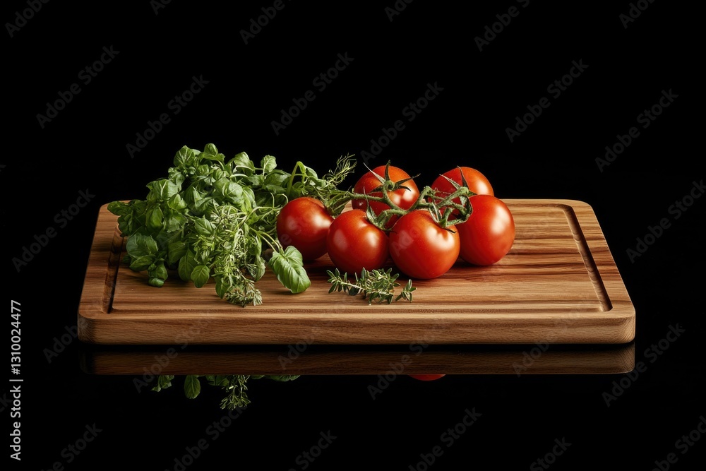 Tomatoes and Herbs on Cutting Board Tomatoes and Herbs on Cutting Board
