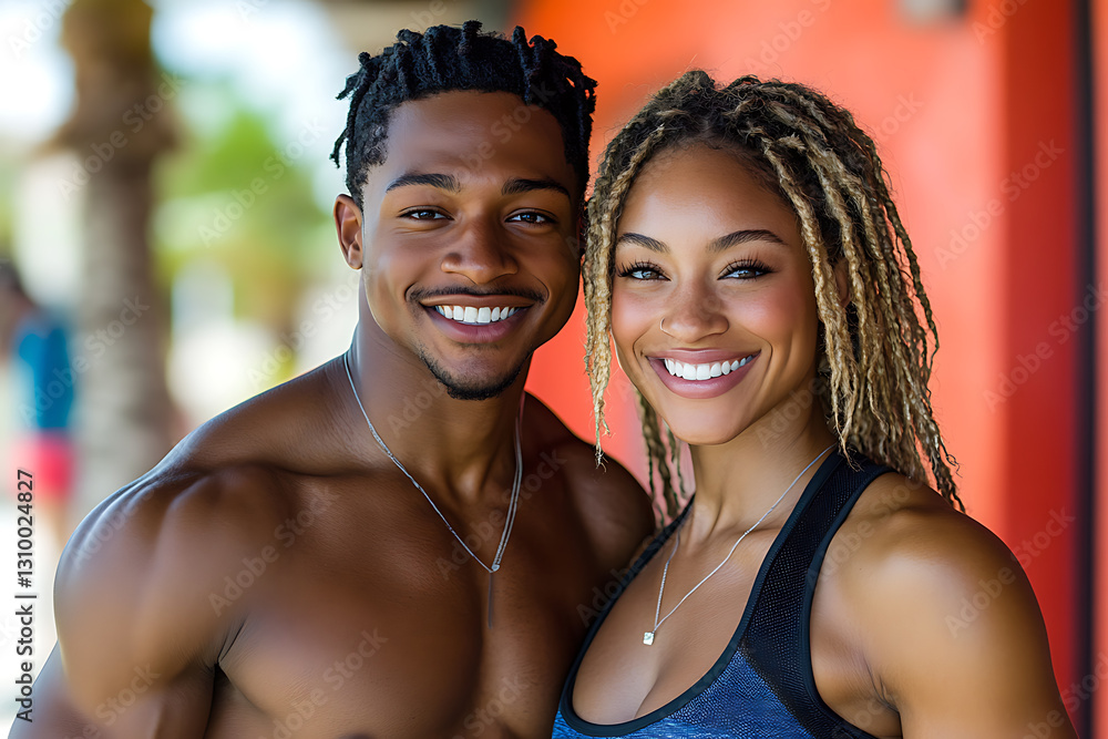 Fit and confident man and woman posing in stylish sportswear Fit and confident man and woman posing in stylish sportswear