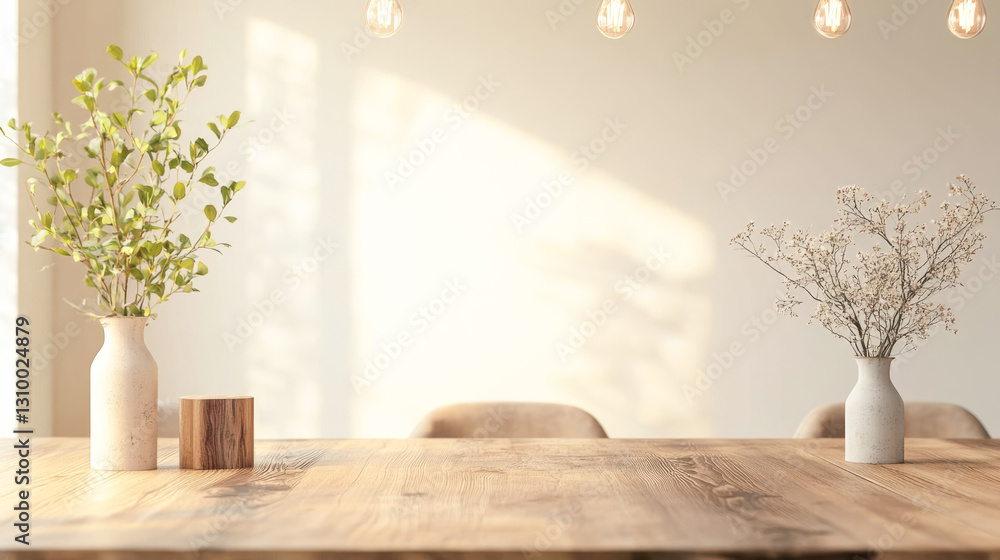 Sunlit minimalist dining room table with potted plants and wooden texture Sunlit minimalist dining room table with potted plants and wooden texture