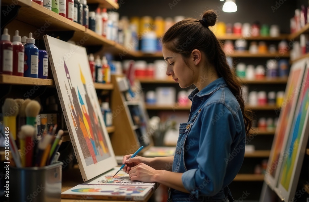 Young woman creating art in a vibrant studio setting Young woman creating art in a vibrant studio setting