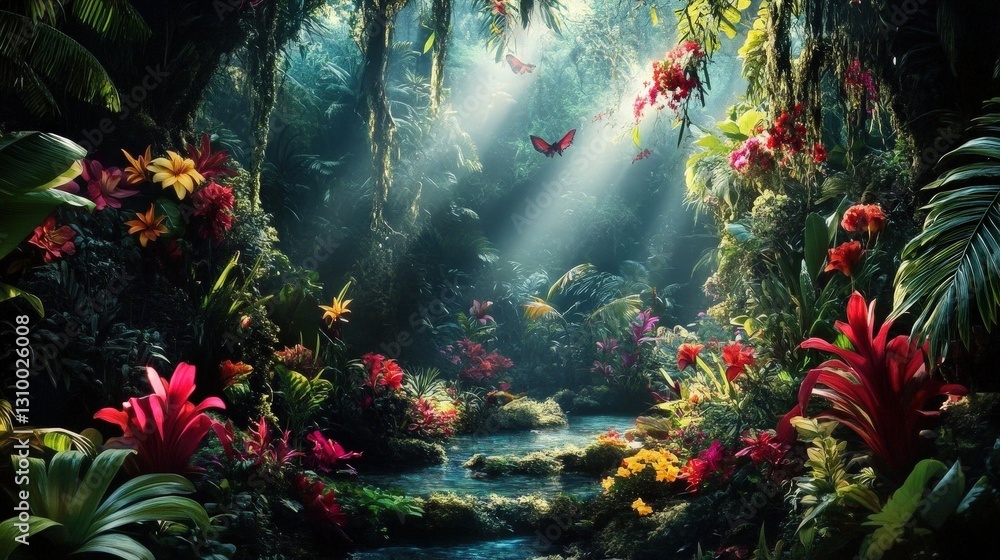 The jungle abounds with vibrant flowers and lush plants. The jungle abounds with vibrant flowers and lush plants.