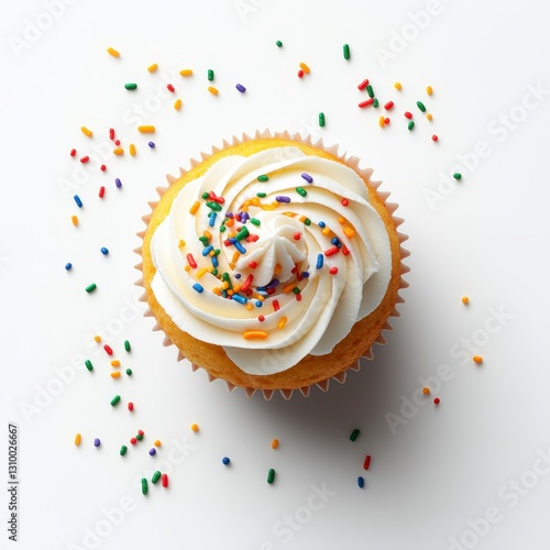 Overhead View of Vanilla Cupcake with Colorful Sprinkles on White Background
