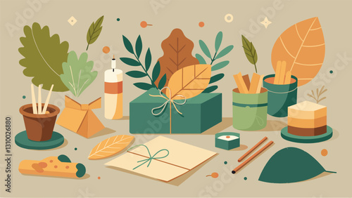 A mini workshop space offering DIY ecofriendly gift wrapping tutorials using recycled paper natural dyes and foraged elements from nature.. Vector illustration