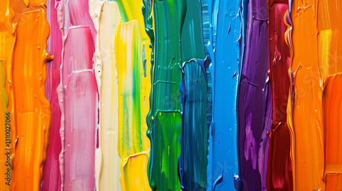 A vibrant abstract painting featuring bold vertical brushstrokes in a full spectrum of rainbow colors.