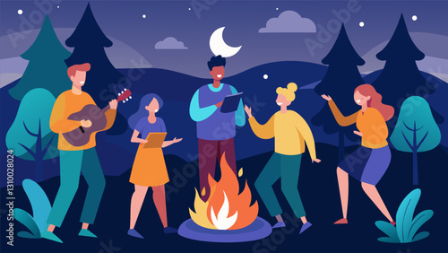 Teens swaying and singing along to the familiar melodies of hymns around a brightly lit campfire surrounded by the sounds of nature.. Vector illustration