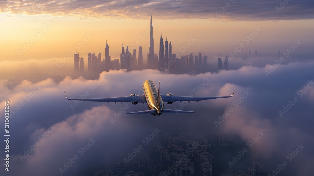custom made wallpaper toronto digitalAirplane above clouds, Dubai skyline sunrise, travel