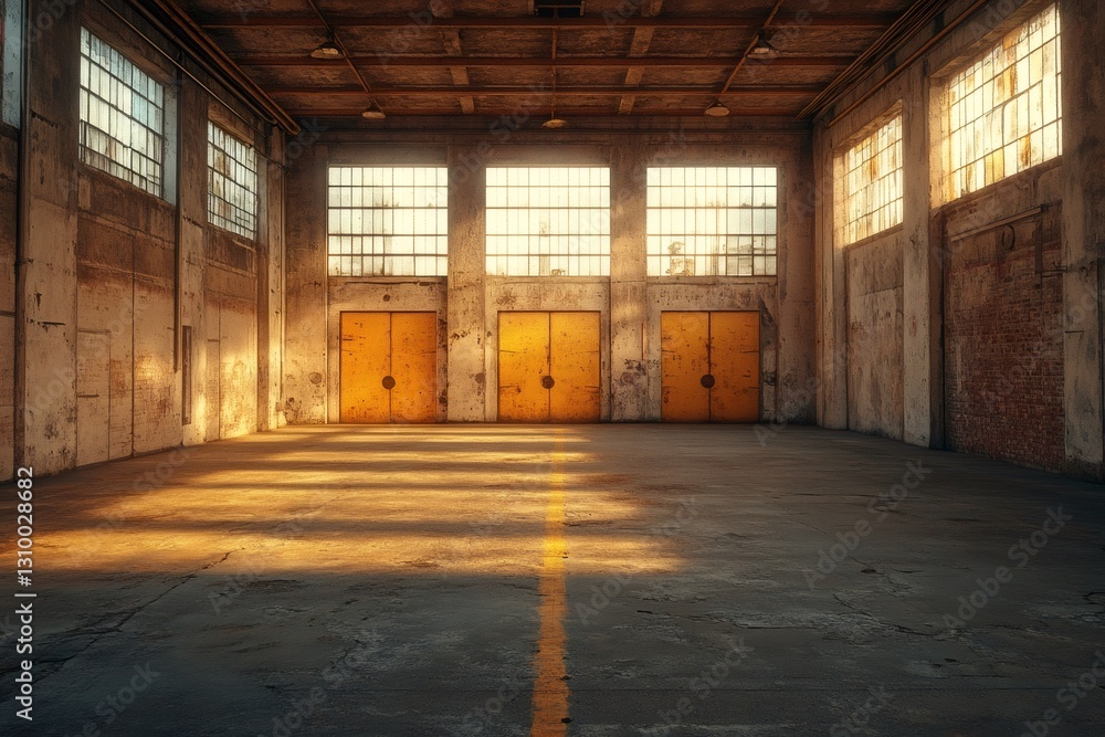 Sunlight illuminates concrete floor and yellow gates of abandoned industrial building Sunlight illuminates concrete floor and yellow gates of abandoned industrial building