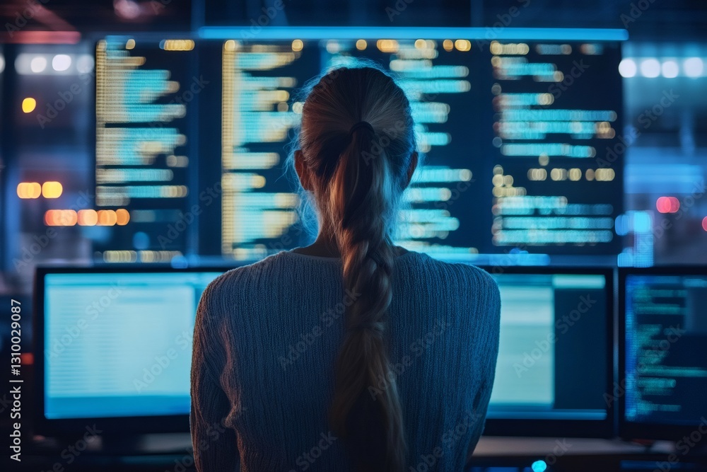 Software engineer analyzing source code on computer screens in a dark office
