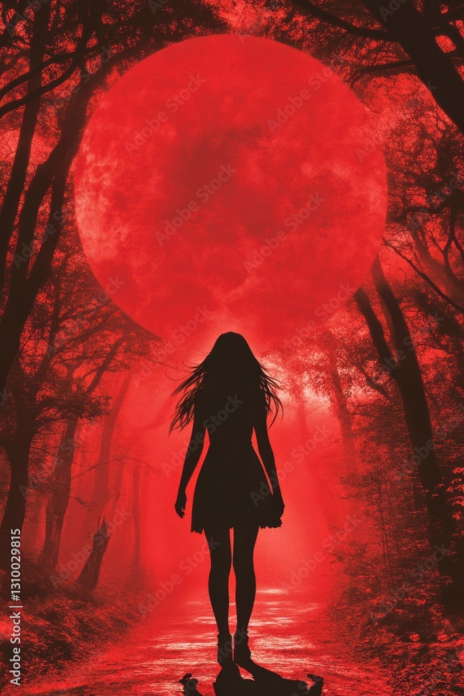 Silhouette of Woman Walking in Red Forest under Blood Moon at Night Silhouette of Woman Walking in Red Forest under Blood Moon at Night