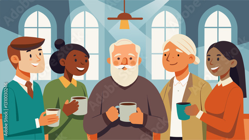 In the church fellowship hall the chatter of happy voices and the rich scent of coffee fills the air as longtime members and newcomers alike bond over. Vector illustration